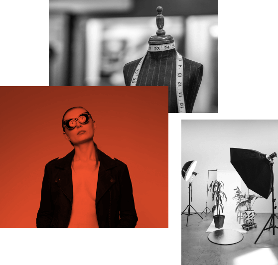 three images with art studio, woman, and mannequin